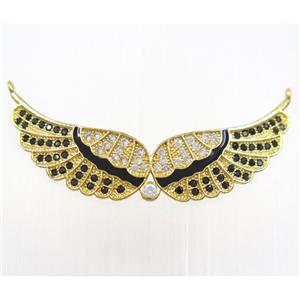 copper Angel Wing pendant paved zircon with 2loops, gold plated, approx 10x41mm [FDZN3242]