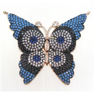 copper butterfly pendant paved zircon with 2loops, rose gold, approx 33-35mm [FDZN3245]