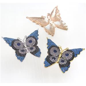 copper Butterfly pendant paved zircon with 2loops, mix color, approx 33-35mm [FDZN3248]