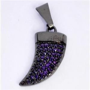 Copper pendant paved zircon, cattle horn, black plated, approx 8x20mm [FDZN327]