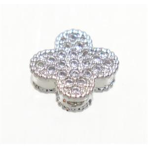 copper four-leaf Clover bead paved zircon, platinum plated, approx 8mm dia [FDZN3270]
