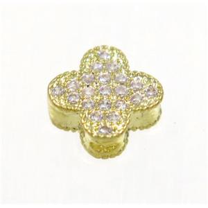 copper four-leaf Clover bead paved zircon, gold plated, approx 8mm dia [FDZN3271]