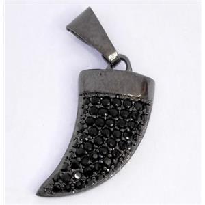 Copper pendant paved zircon, cattle horn, black plated, approx 8x20mm [FDZN328]