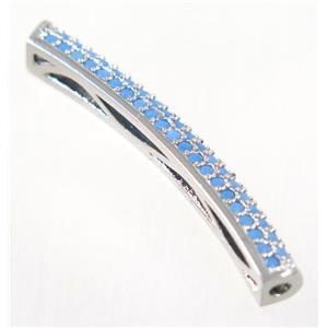 curving copper tube beads paved zircon, platinum plated, turq, approx 5x35mm [FDZN3288]