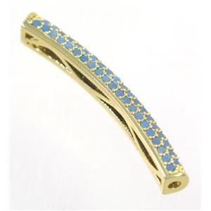 curving copper tube beads paved zircon, gold plated, turq, approx 5x35mm [FDZN3289]
