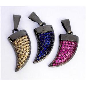Copper pendant paved zircon, cattle horn, black plated, approx 8x20mm [FDZN329]