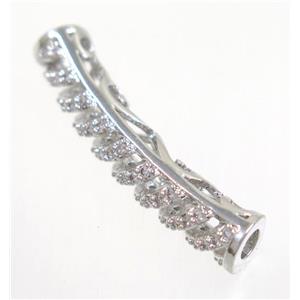 curving copper tube beads paved zircon, platinum plated, approx 5.5x30mm [FDZN3293]