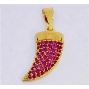 Copper pendant paved zircon, cattle horn, gold plated, approx 8x20mm [FDZN330]