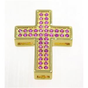 copper Cross beads paved hotpink zircon, gold plated, approx 17x23mm [FDZN3306]