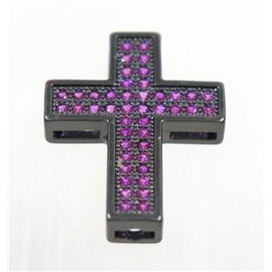 copper Cross beads paved hotpink zircon, black plated, approx 17x23mm [FDZN3307]