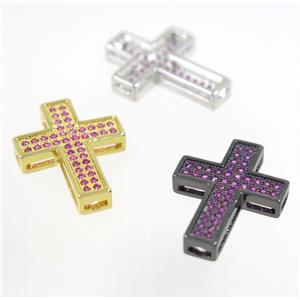 copper Cross beads paved hotpink zircon, mix color, approx 17x23mm [FDZN3308]