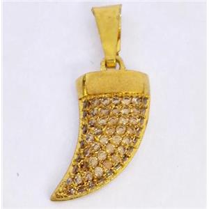 Copper pendant paved zircon, cattle horn, gold plated, approx 8x20mm [FDZN332]