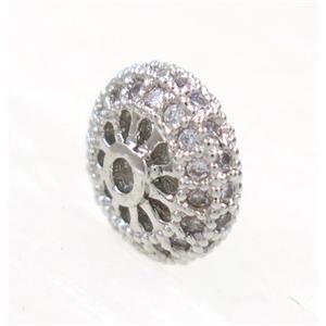 copper rondelle beads paved zircon, platinum plated, approx 8mm dia [FDZN3321-8MM]