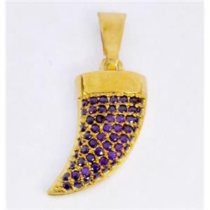 Copper pendant paved zircon, cattle horn, gold plated, approx 8x20mm [FDZN333]