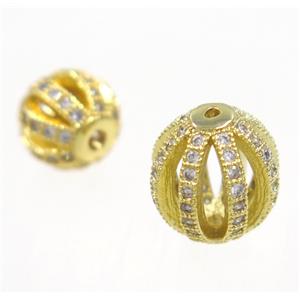 round Watermelon copper beads pave zircon, gold plated, approx 10mm dia [FDZN3330-10MM]