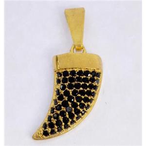 Copper pendant paved zircon, cattle horn, gold plated, approx 8x20mm [FDZN334]