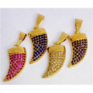 Copper pendant paved zircon, cattle horn, gold plated, approx 8x20mm [FDZN335]