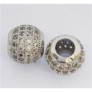 Copper bead paved zircon, round, platinum plated, approx 10x12mm, 6mm hole [FDZN336]