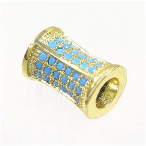 copper bamboo beads paved zircon, gold plated, turq, approx 7x10mm [FDZN3365]