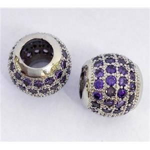 Copper bead paved zircon, round, platinum plated, approx 10x12mm, 6mm hole [FDZN340]