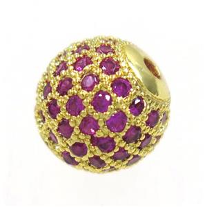 round copper beads paved hotpink zircon, gold plated, approx 6mm dia [FDZN3418-6MM]