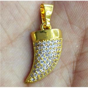 Copper pendant paved zircon, cattle horn, gold plated, approx 8x20mm [FDZN343]