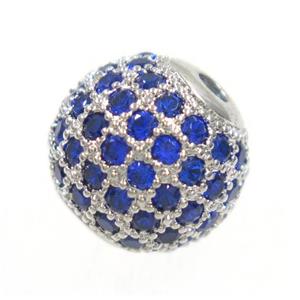 round copper beads paved blue zircon, platinum plated, approx 10mm dia [FDZN3432-10MM]