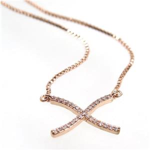copper X necklace pave zircon, rose gold, approx 14x16mm, 44cm length [FDZN3457]
