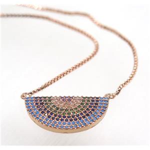 copper halfmoon necklace pave zircon, rose gold, approx 11x22mm, 44cm length [FDZN3459]