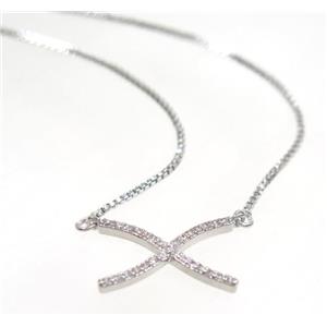copper X necklace pave zircon, platinum plated, approx 13x18mm, 44cm length [FDZN3468]
