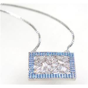 copper rectangle necklace pave zircon, platinum plated, approx 16x21mm, 44cm length [FDZN3475]