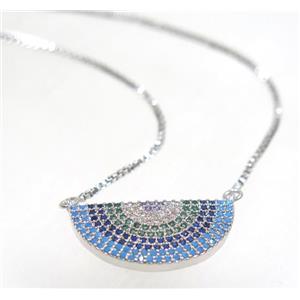 copper halfmoon necklace pave zircon, platinum plated, approx 11x22mm, 44cm length [FDZN3476]