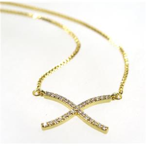 copper X necklace pave zircon, gold plated, approx 13x18mm, 44cm length [FDZN3478]