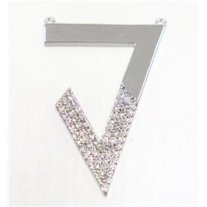 copper triangle pendant paved zircon with 2loops, platinum plated, approx 18-29mm [FDZN3525]