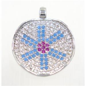 copper pendant paved zircon, platinum plated, approx 18mm dia [FDZN3557]