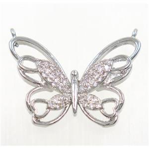 copper butterfly pendant paved zircon with 2loops, platinum plated, approx 18-26mm [FDZN3560]