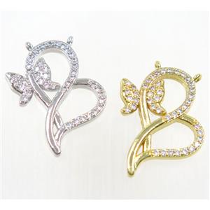 copper pendant paved zircon with butterfly, 2loops, mix color, approx 18-25mm [FDZN3575]