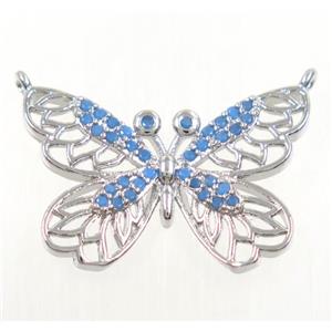 copper butterfly pendant paved zircon with 2loops, platinum plated, approx 17-24mm [FDZN3576]