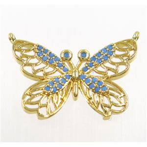copper butterfly pendant paved zircon with 2loops, gold palted, approx 17-24mm [FDZN3577]