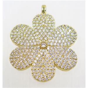 copper flower pendant paved zircon, gold plated, approx 29mm dia [FDZN3581]