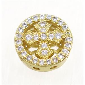 copper circle beads paved zircon with cross, gold plated, approx 11mm dia [FDZN3585]