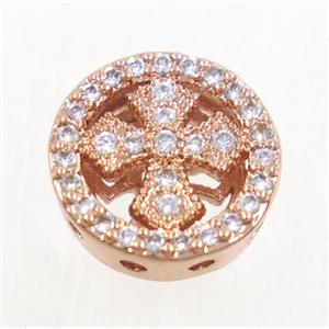 copper circle beads paved zircon with cross, rose gold, approx 11mm dia [FDZN3586]