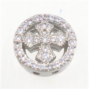 copper circle beads paved zircon with cross, platinum plated, approx 11mm dia [FDZN3587]