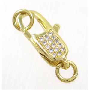 copper clasp pave zircon, gold plated, approx 5.5x14mm [FDZN3606]