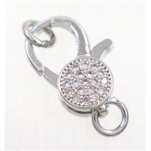 copper Lobster Clasp pave zircon, platinum plated, approx 7-14mm [FDZN3610]