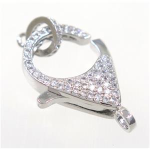 copper Lobster Clasp pave zircon, platinum plated, approx 16-22mm [FDZN3629]