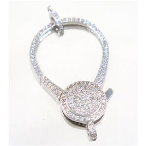 copper Lobster Clasp pave zircon, platinum plated, approx 22-35mm [FDZN3639]