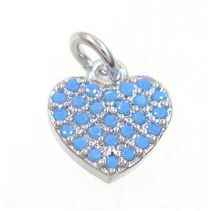 copper Heart pendant paved zircon, platinum plated, turq, approx 9mm [FDZN3650]