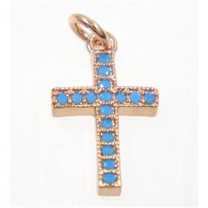 copper cross pendant paved zircon, rose gold, turq, approx 10x14mm [FDZN3654]