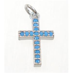 copper cross pendant paved zircon, platinum plated, turq, approx 10x14mm [FDZN3655]